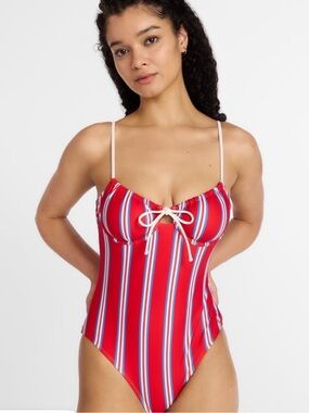 Striped Red One-Piece Swimsuit with Tie-Front